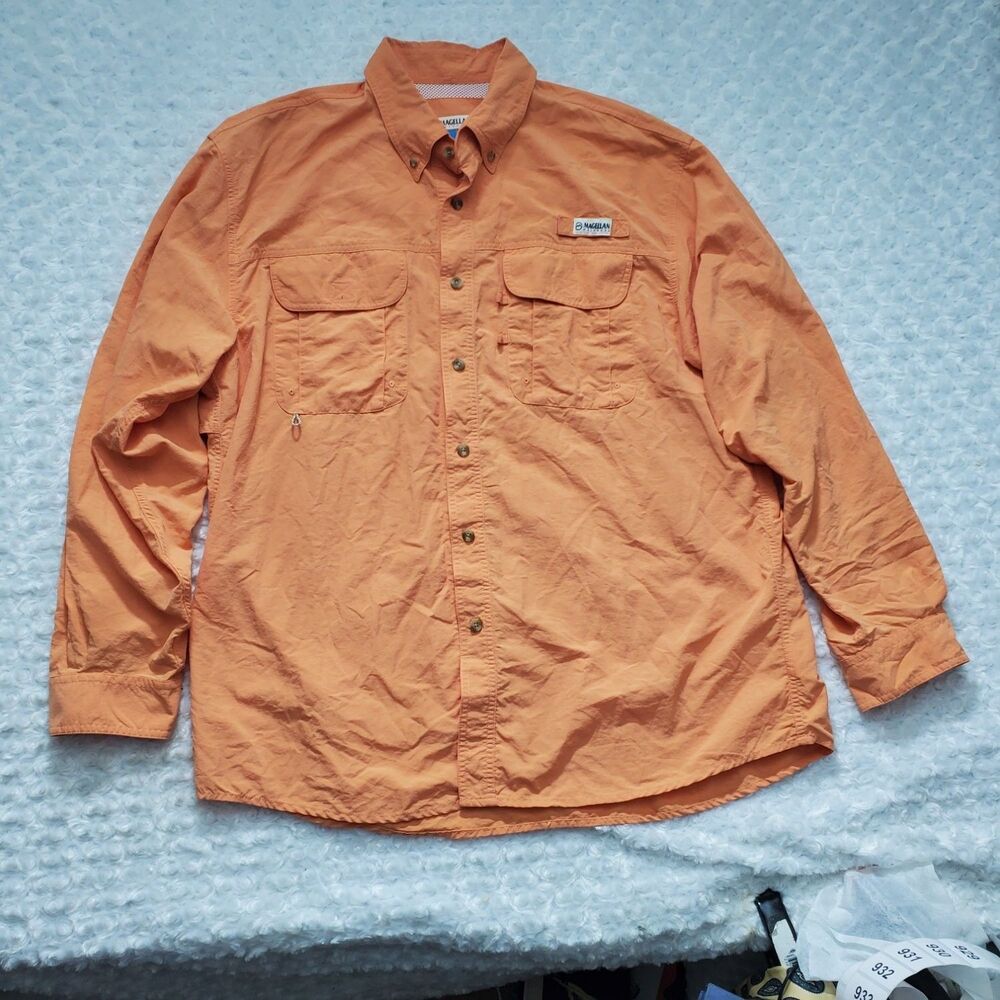 Magellan Outdoors Fish Gear Button-Up XL Orange Utility Loop Mens Vented